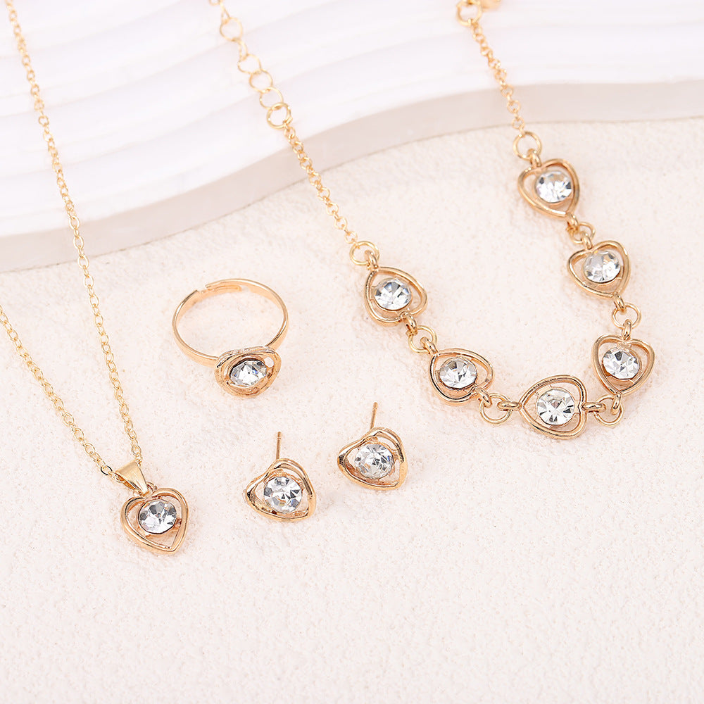 European And American-style Crystal Heart Charm Necklace Earrings Ring And Bracelet Four-Piece Set