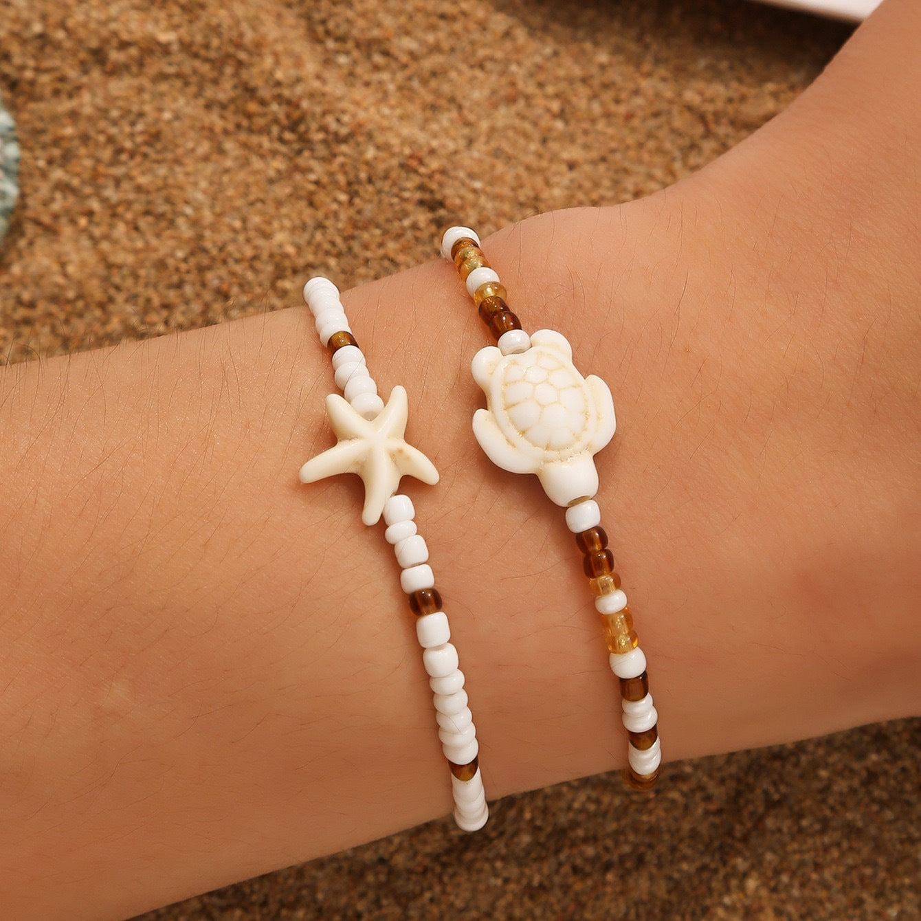 Starfish And Turtle Beaded Bracelet Set