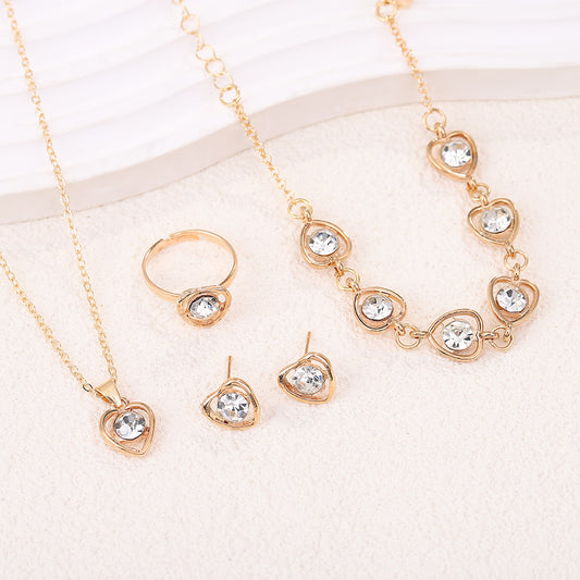 European And American-style Crystal Heart Charm Necklace Earrings Ring And Bracelet Four-Piece Set