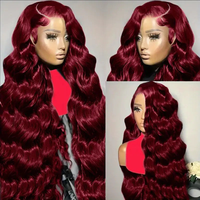 Womens Burgundy Long Curly Lace Wig Made From Heat-resistant Fibers