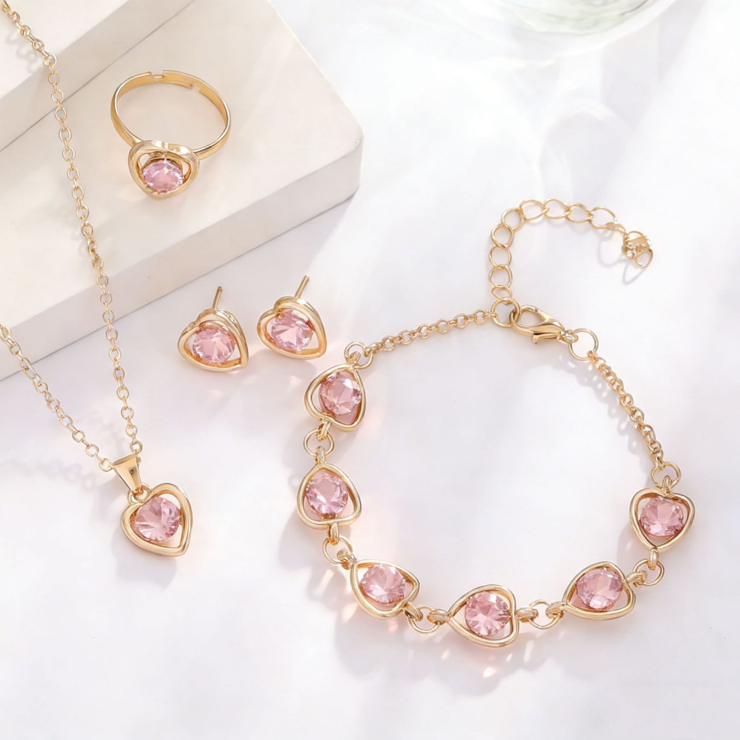 European And American-style Crystal Heart Charm Necklace Earrings Ring And Bracelet Four-Piece Set