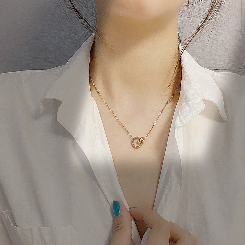 Fashionable Stainless Steel Double-Ring Diamond-Encrusted Necklace For Women