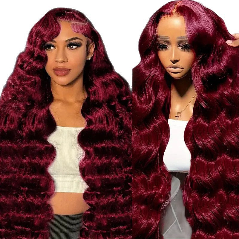 Womens Burgundy Long Curly Lace Wig Made From Heat-resistant Fibers