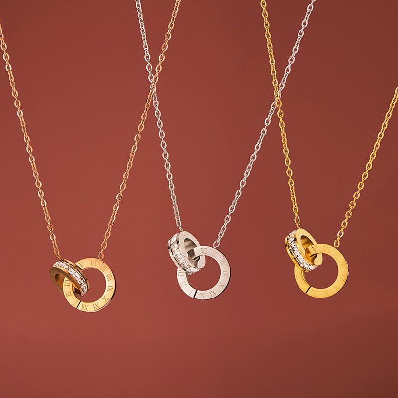 Fashionable Stainless Steel Double-Ring Diamond-Encrusted Necklace For Women