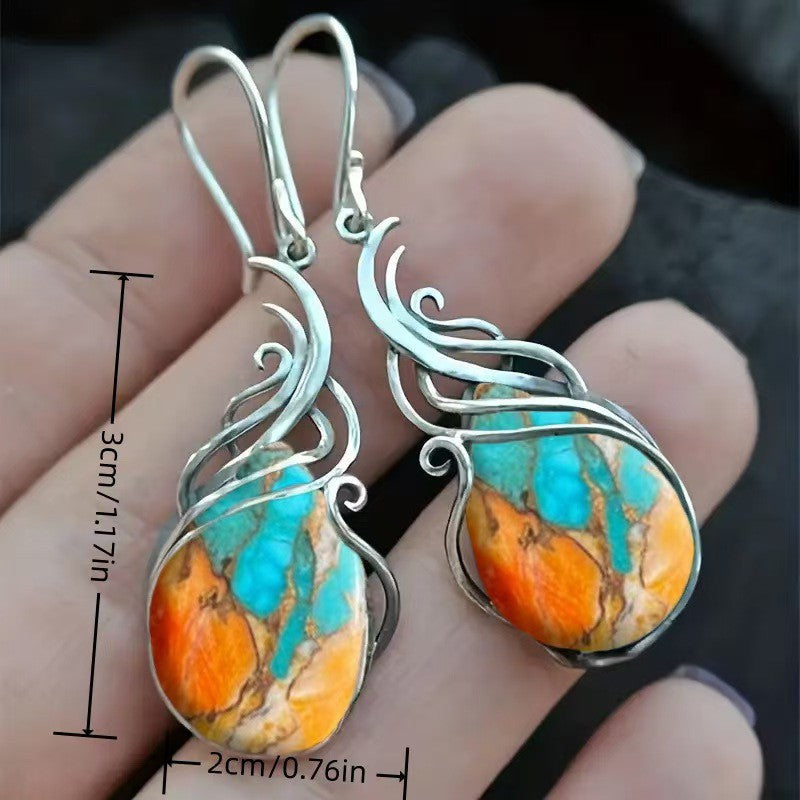 Bohemian Womens Turquoise Patterned Hollow Waterdrop Earrings