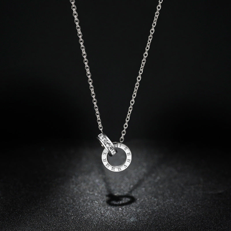 Fashionable Stainless Steel Double-Ring Diamond-Encrusted Necklace For Women