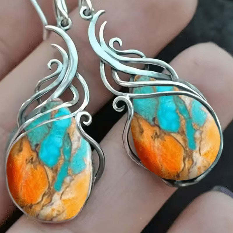 Bohemian Womens Turquoise Patterned Hollow Waterdrop Earrings