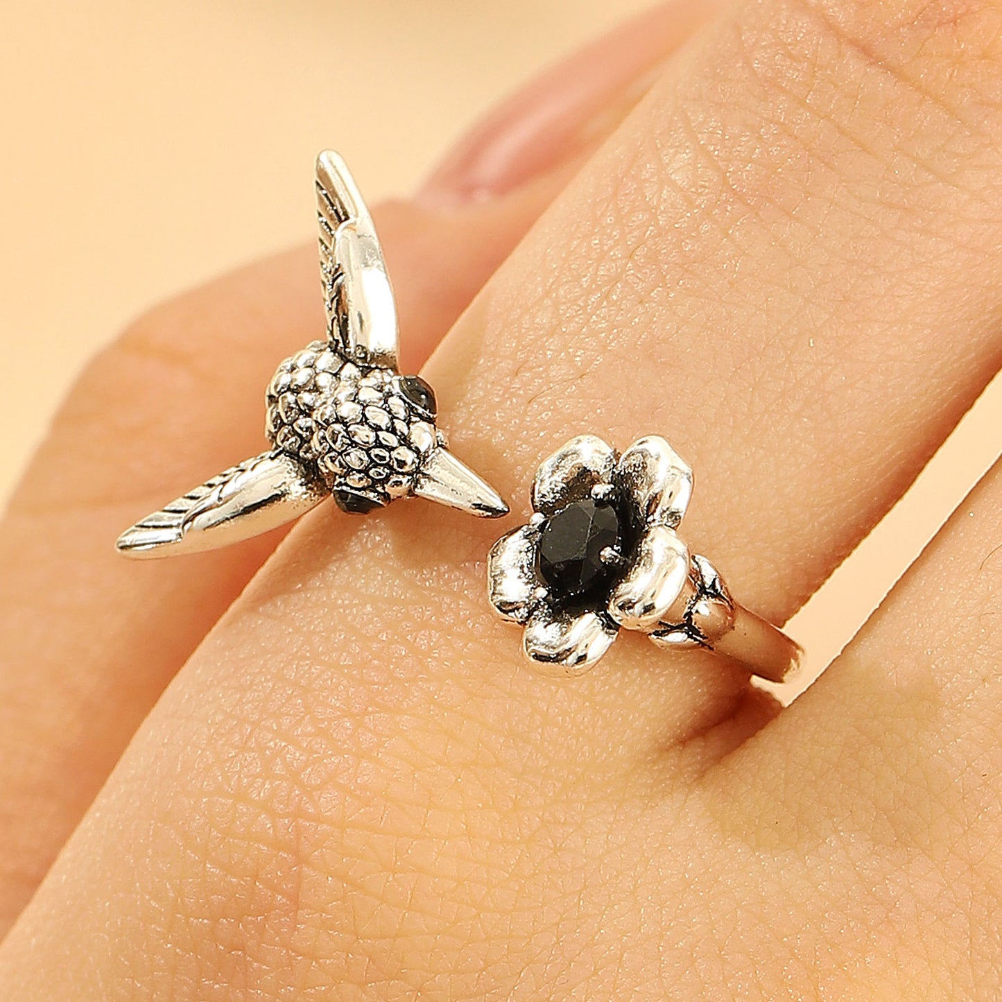 Floral And Hummingbird Vintage Open Ring