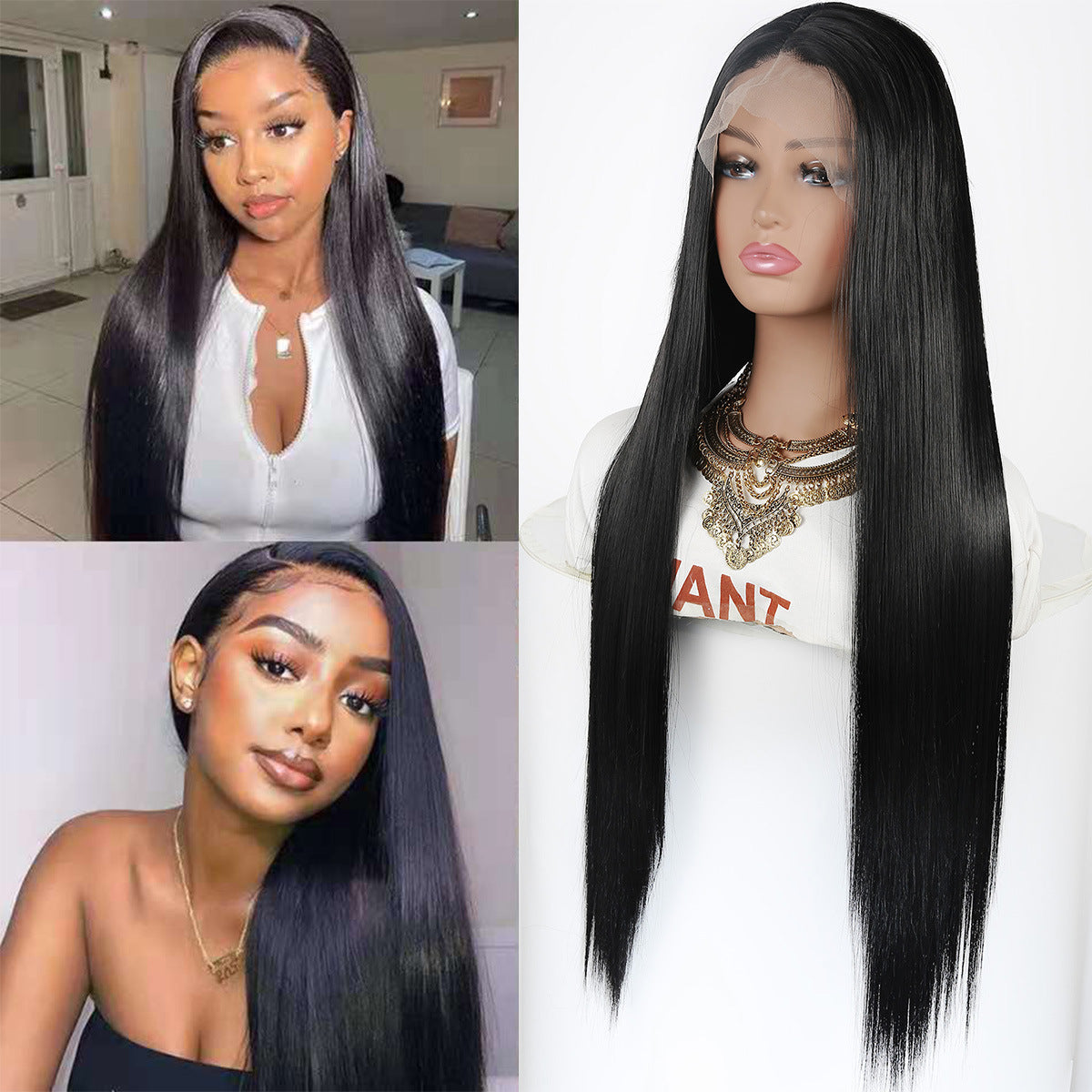 Mid-length Straight Hair Hand-woven Front Lace Wigs