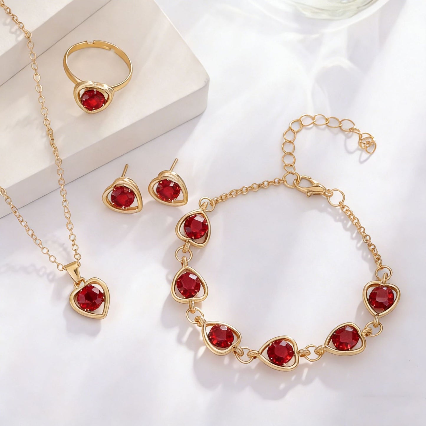 European And American-style Crystal Heart Charm Necklace Earrings Ring And Bracelet Four-Piece Set