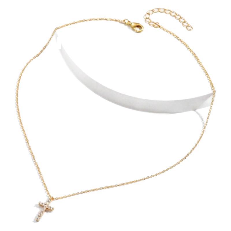 Cross Full Of Diamonds Womens Clavicle Chain Gold Pendant Girls Necklace