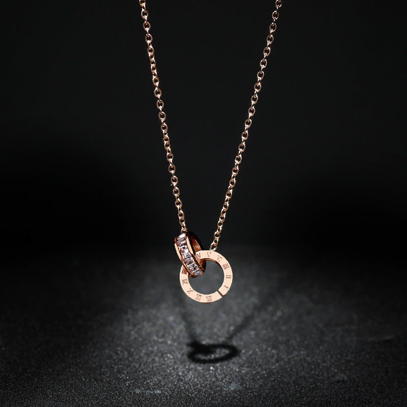 Fashionable Stainless Steel Double-Ring Diamond-Encrusted Necklace For Women