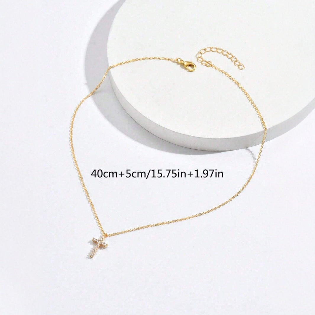 Cross Full Of Diamonds Womens Clavicle Chain Gold Pendant Girls Necklace