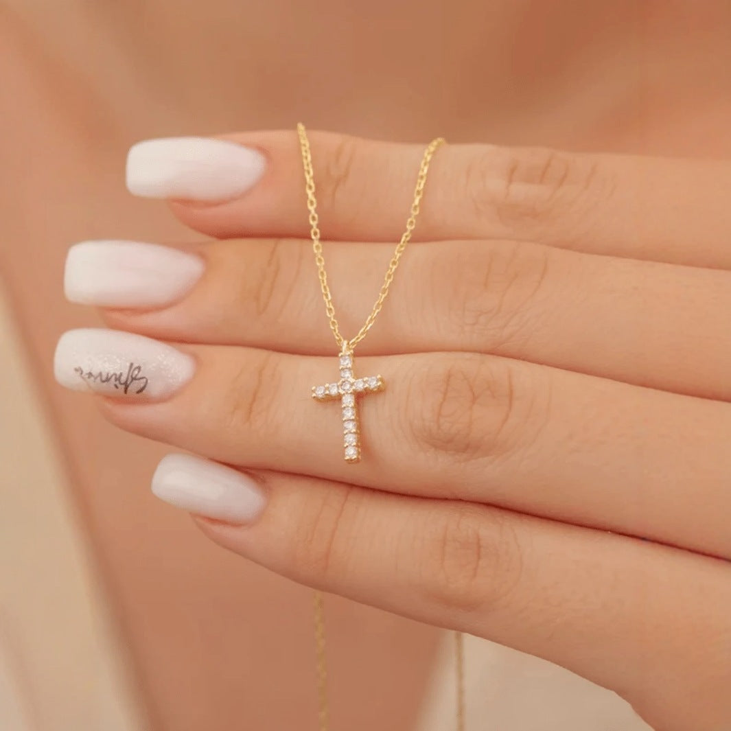 Cross Full Of Diamonds Womens Clavicle Chain Gold Pendant Girls Necklace