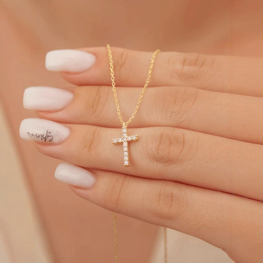 Cross Full Of Diamonds Womens Clavicle Chain Gold Pendant Girls Necklace