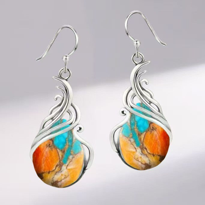 Bohemian Womens Turquoise Patterned Hollow Waterdrop Earrings