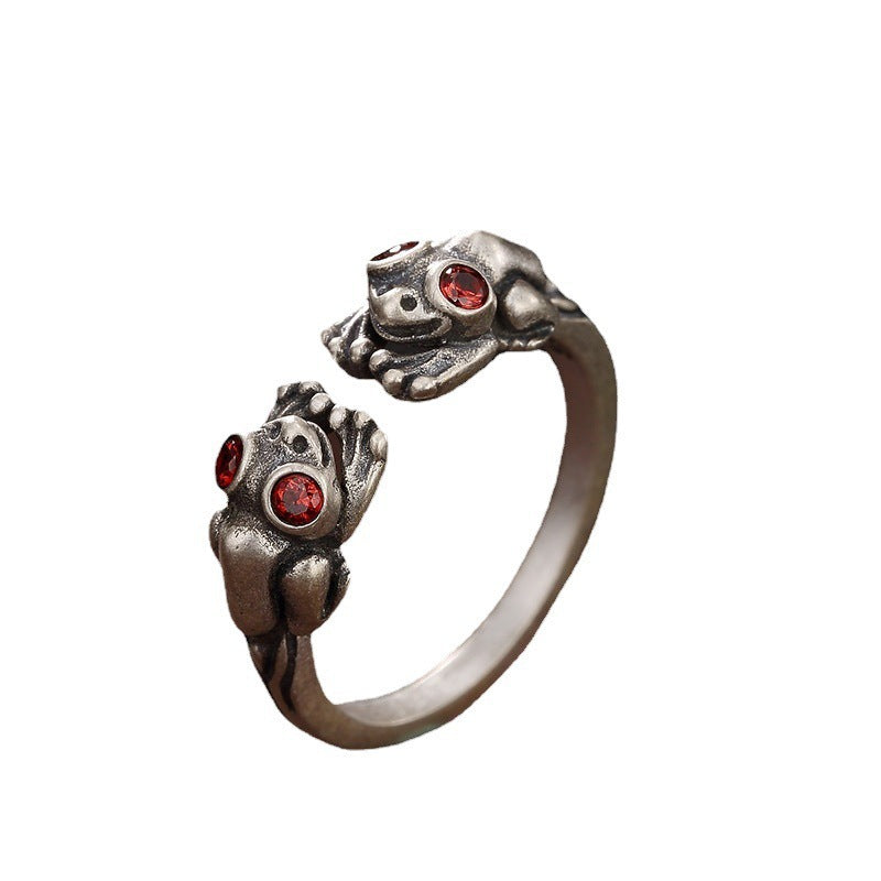 Retro-style Diamond-studded Frog Ring With An Antiqued Finish And Adjustable Opening