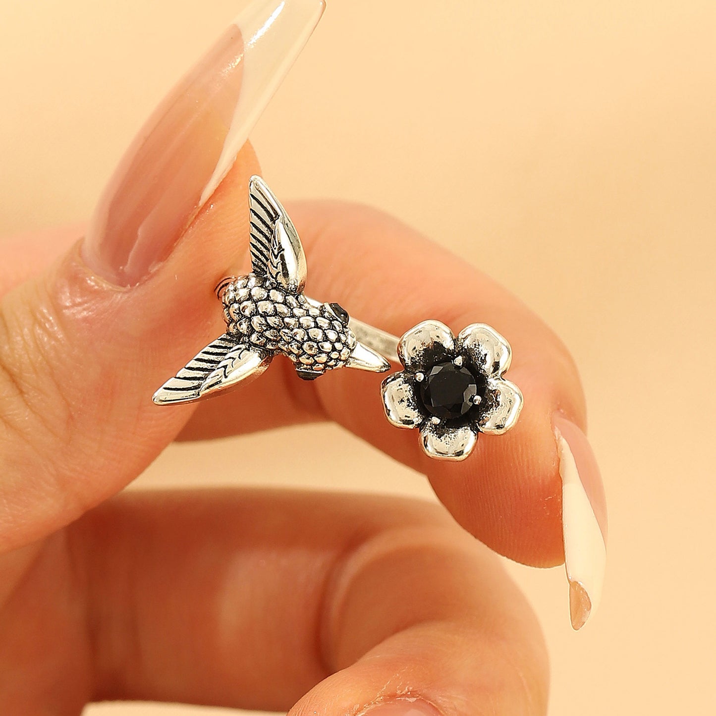 Floral And Hummingbird Vintage Open Ring