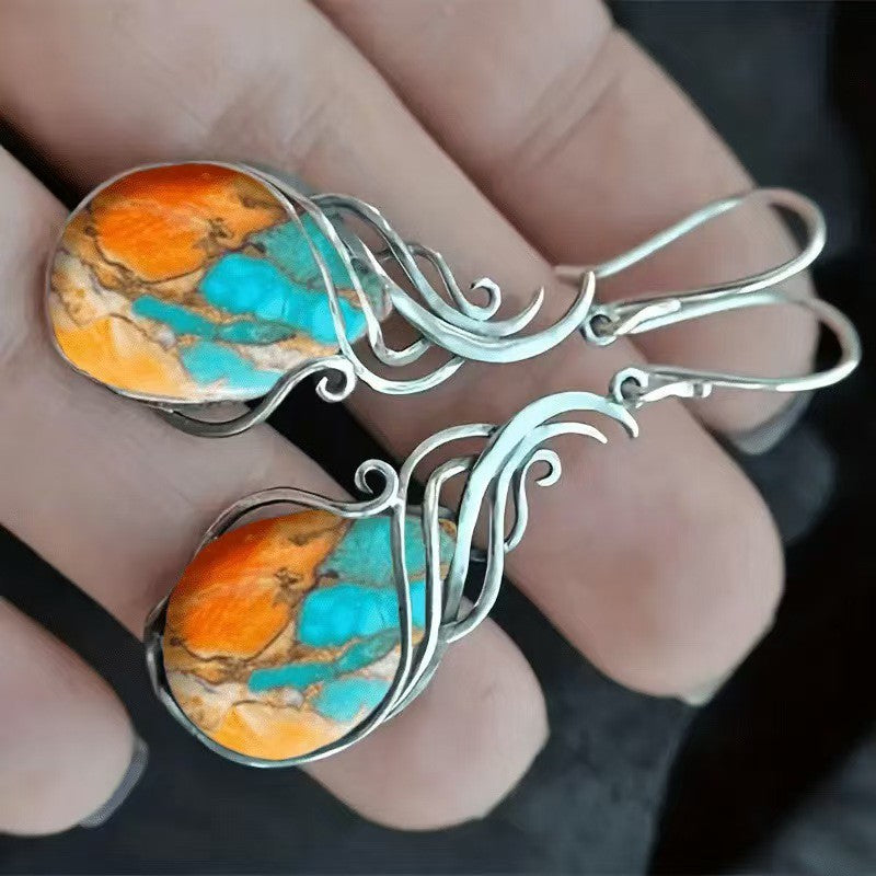 Bohemian Womens Turquoise Patterned Hollow Waterdrop Earrings