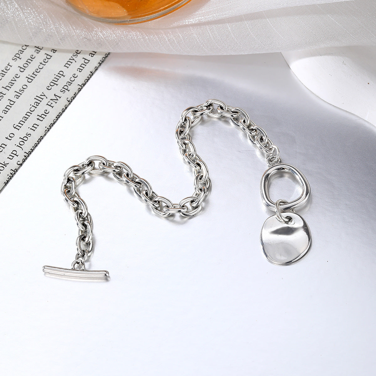 Hip-hop Trendy Old Silver Round-plaque Chain Retro OT-clasp Punk-style Bracelet