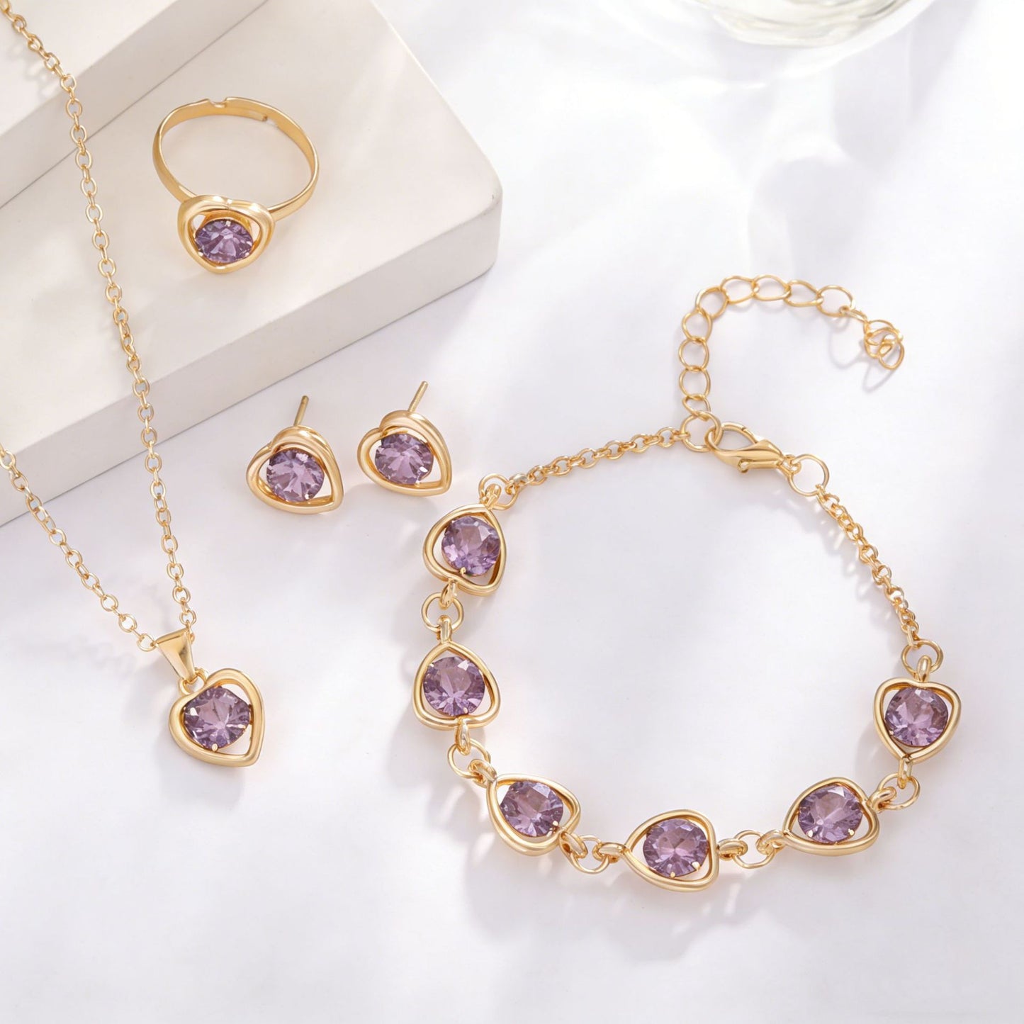 European And American-style Crystal Heart Charm Necklace Earrings Ring And Bracelet Four-Piece Set