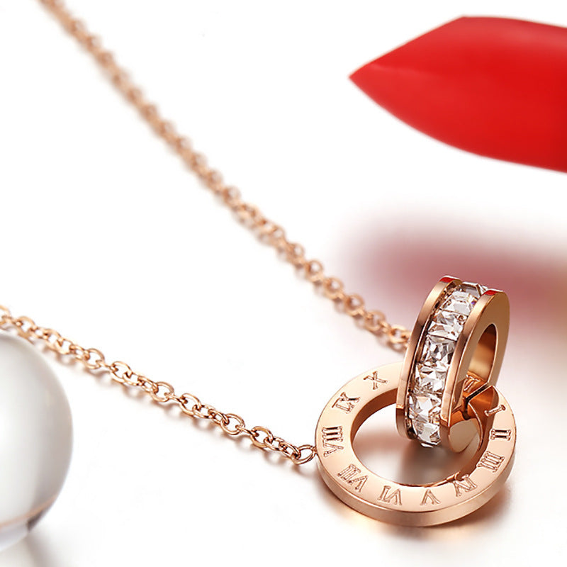 Fashionable Stainless Steel Double-Ring Diamond-Encrusted Necklace For Women